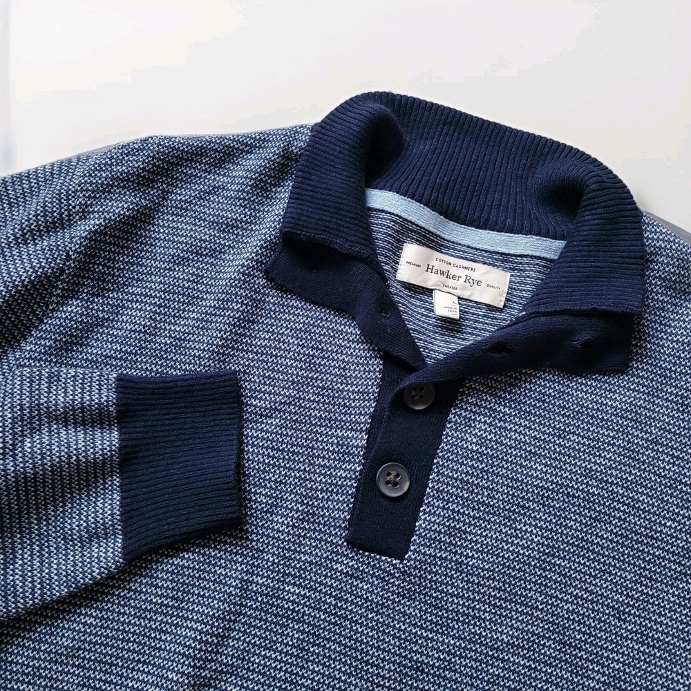 Hawker Rye Premium Cotton Cashmere Blue Birdseye Knit Henley Sweater - Men's L